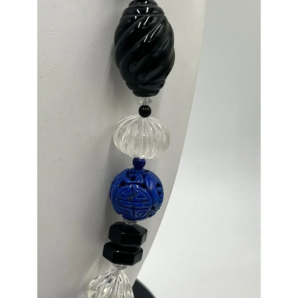 Neckings‎ by Paulette One of a Kind Chunky Carved Rock Quartz Blue Sodalite Onyx